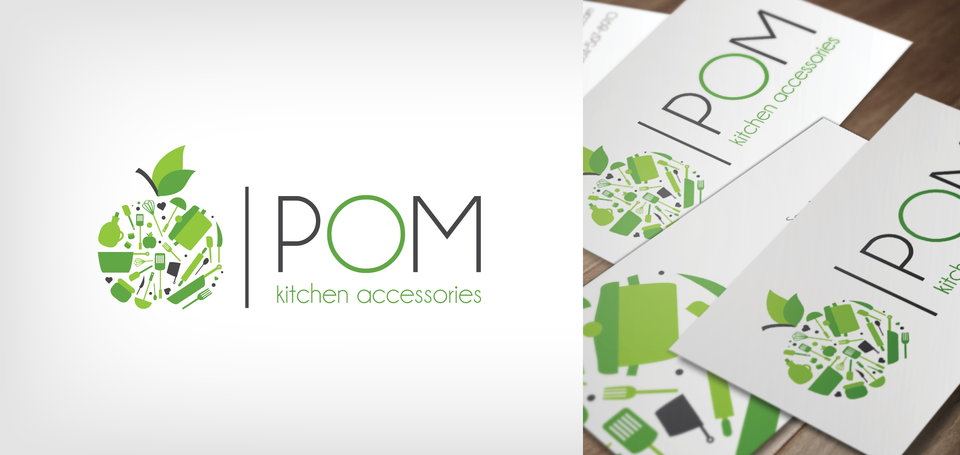 POM Kitchen Accessories logo and business card mockup